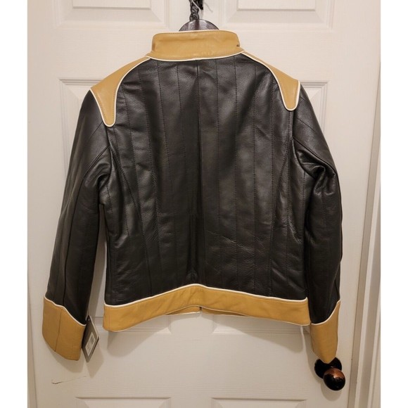 Women's Black Tan Leather Moto Jacket Sz M/L Biker Rocker Beautiful! NWT - Picture 2 of 16